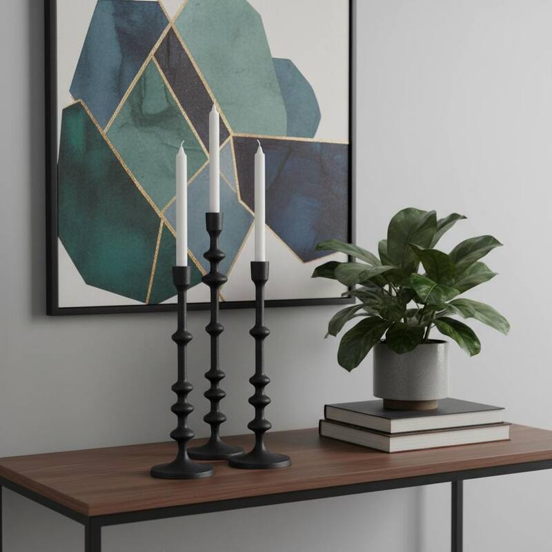 Set of Three Black Geometric Metal Tabletop Taper Candlesticks - Black
