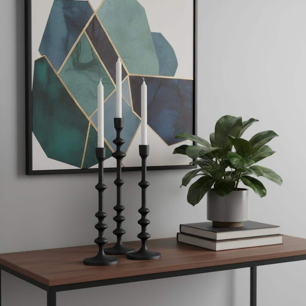 Set of Three Black Geometric Metal Tabletop Taper Candlesticks