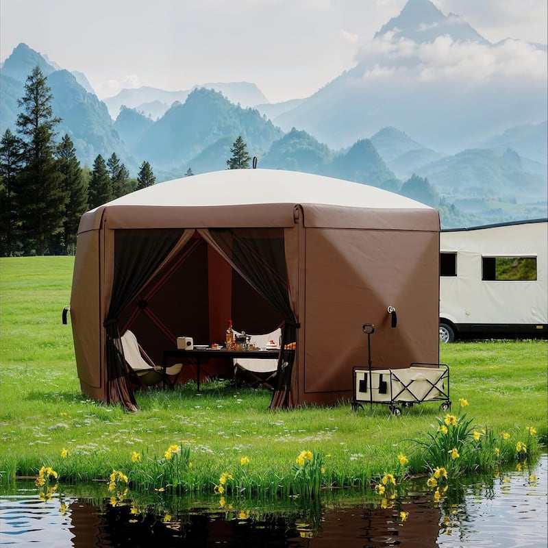 13FT Collapsible Gazebo Tent with 6 Removable Wind Panels for Outdoor Events, Camping, Patio, Backyard - N/A - Brown