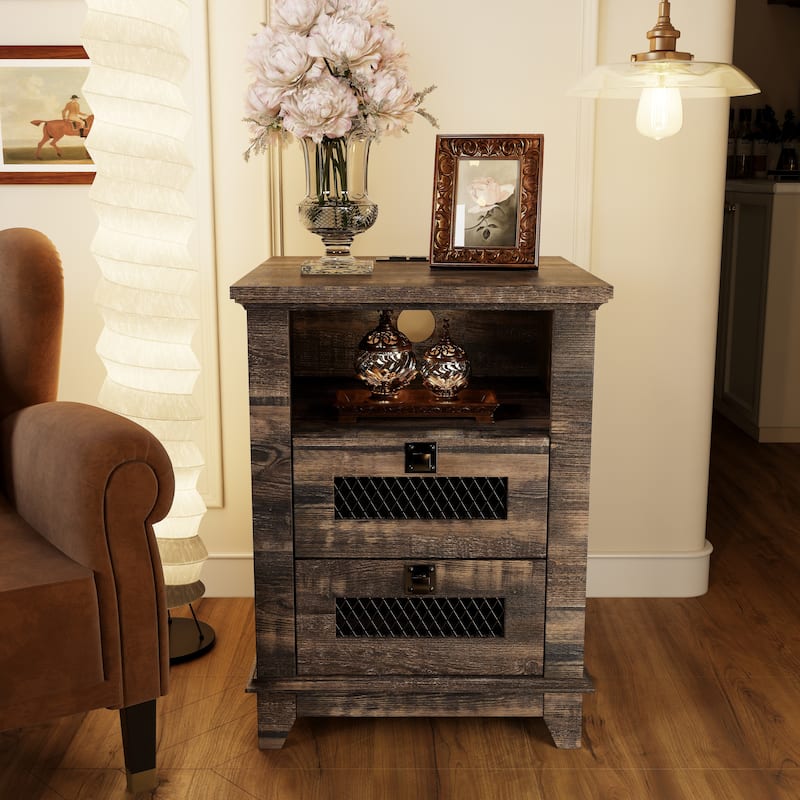 Farmhouse Nightstand with Charging Station, End Table, Side Table - Dark Rustic Oak