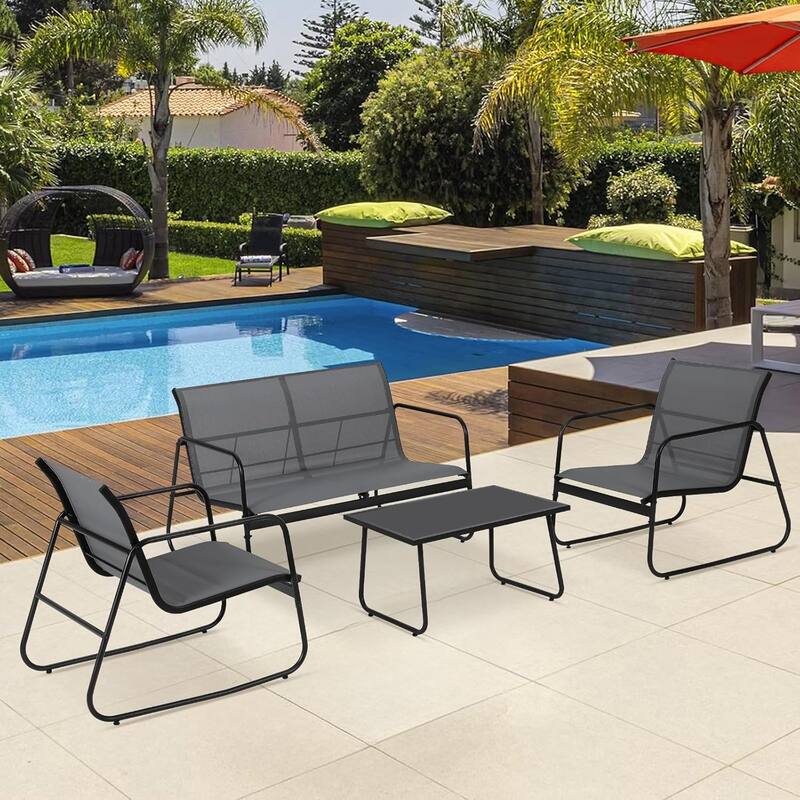 4-Piece Outdoor Patio Set – Steel Frame, Textilene Fabric & Tempered Glass Table for Balcony/Backyard