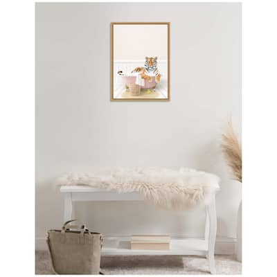 Kate and Laurel Sylvie Tiger in Cottage Pink Bath Framed Canvas by Amy Peterson