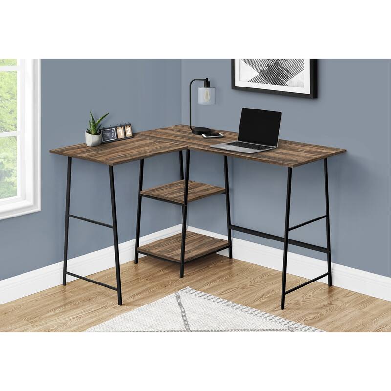 Industrial Corner Computer Desk with Storage Shelves and Metal Sawhorse Legs - Brown