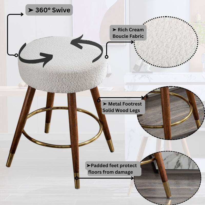 Modern 23.88" Upholstered Swivel Stool with Solid Wood Frame and Round Metal Footrest