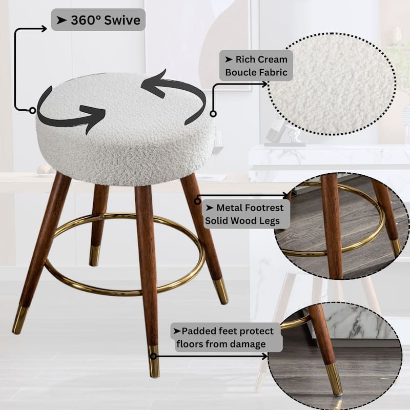 White Modern 23.88" Upholstered Swivel Stool with Solid Wood Frame and Round Metal Footrest