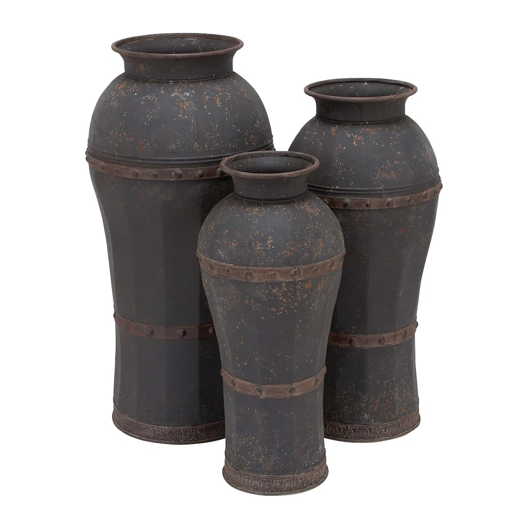 Metal Distressed Vase with Rivet Details - Set of 3 Brown - Roche River Decor - 17"W x 17"L x 37"H