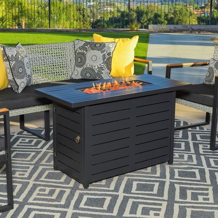 Kinger Home Ore Black 42-Inch Rectangle Fire Pit Table with Lava Rocks - Black - Propane