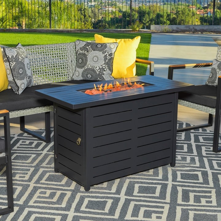 Kinger Home Ore Black 42-Inch Rectangle Fire Pit Table with Lava Rocks