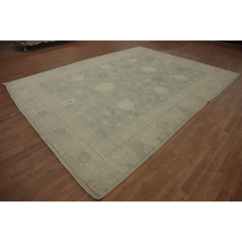 Vegetable Dye Wool Oushak Turkish Area Rug, Floral Geometric Carpet - 11' 11'' X 9' 1''