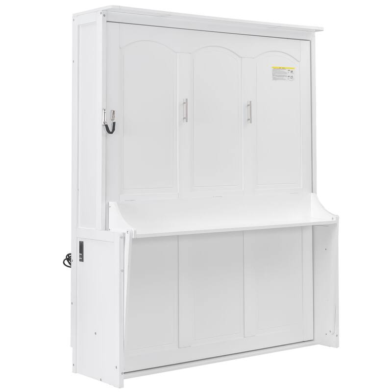 Roomfitters Queen Size Murphy Bed with Folding Desk and USB Charging Ports, Space-Saving Wall Bed with LED Lights
