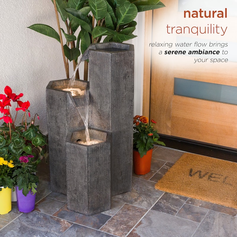 Alpine Corporation 25" Tall Indoor/Outdoor 3-Tier Hexagonal Columns Fountain with LED Lights