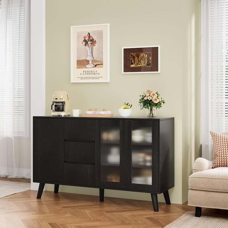 Farmhouse Buffet Cabinet, 55.5" Coffee Bar with 3 Drawers and Pop-Up Doors, Large Rustic Sideboard for Dining Room