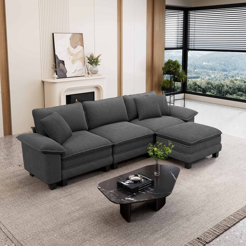 MAISON ARTS Modular Cloud Sectional Sofa, Comfy L- or U-Shaped Couch with Ottomans & Pillows, 4–6 Seat Living Room Sofa - Grey Corduroy (  4 Pieces) - Reversible