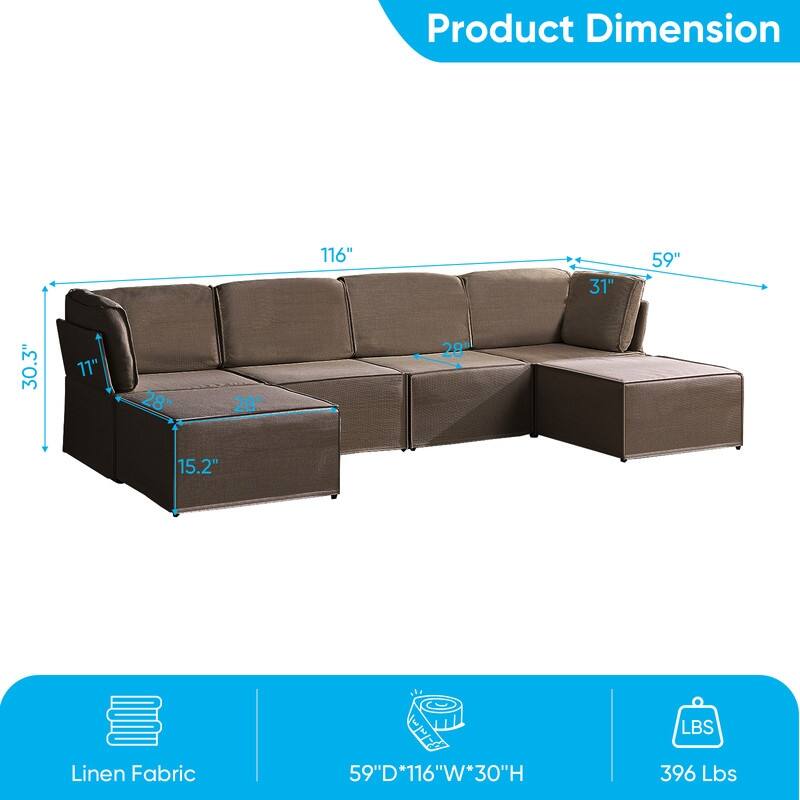 Mixoy Oversized Modular Sectional Sofa, U/L-Shaped Couch with Deep Seat, Ottoman, Convertible Modern Linen Sleeper Sofa Bed