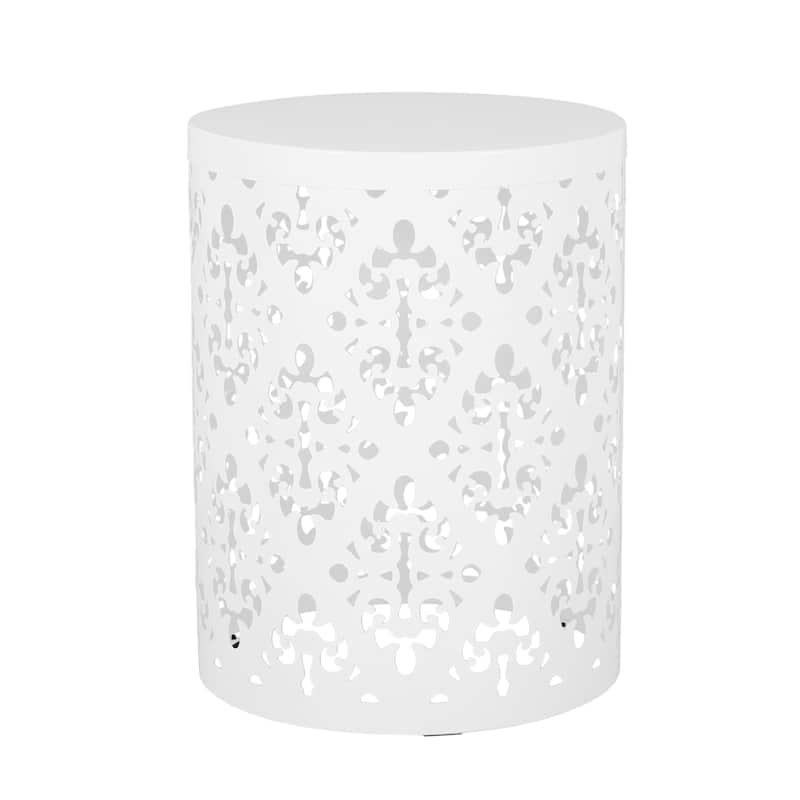 Kima Outdoor Side End Table, 14 Inch Round Floral Cutout Design, White