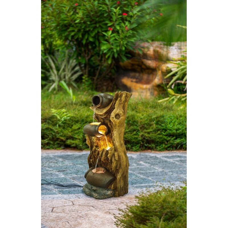 12.4x11.6x37.8" Decorative 3 Tier Tree Trunk Fountain with Lights and Pump, Brown