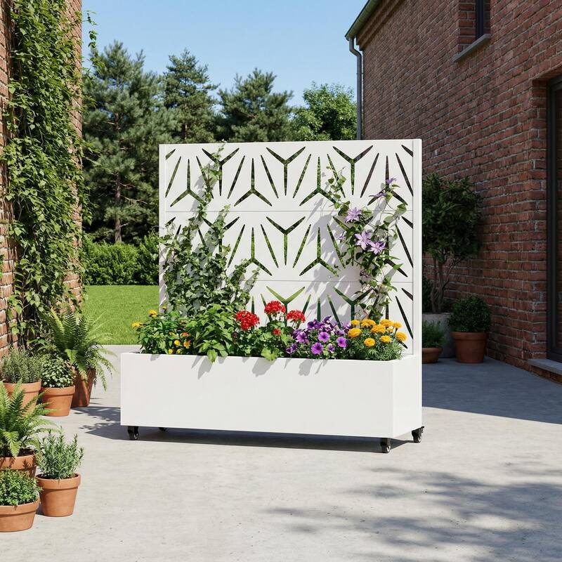 Metal Galvanized Planter Box with Trellis Privacy Screen Lockable Wheels - White-Rectangle - 47"x47"