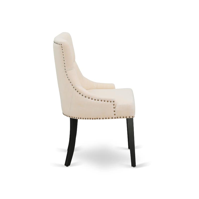 East West Furniture Parson Dining Room Chairs - Button Tufted Light Beige Linen Fabric Padded Chairs, Set of 2, Black - FRP1T02
