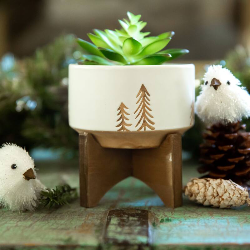 4" Christmas Ceramic on Wood Stand - White