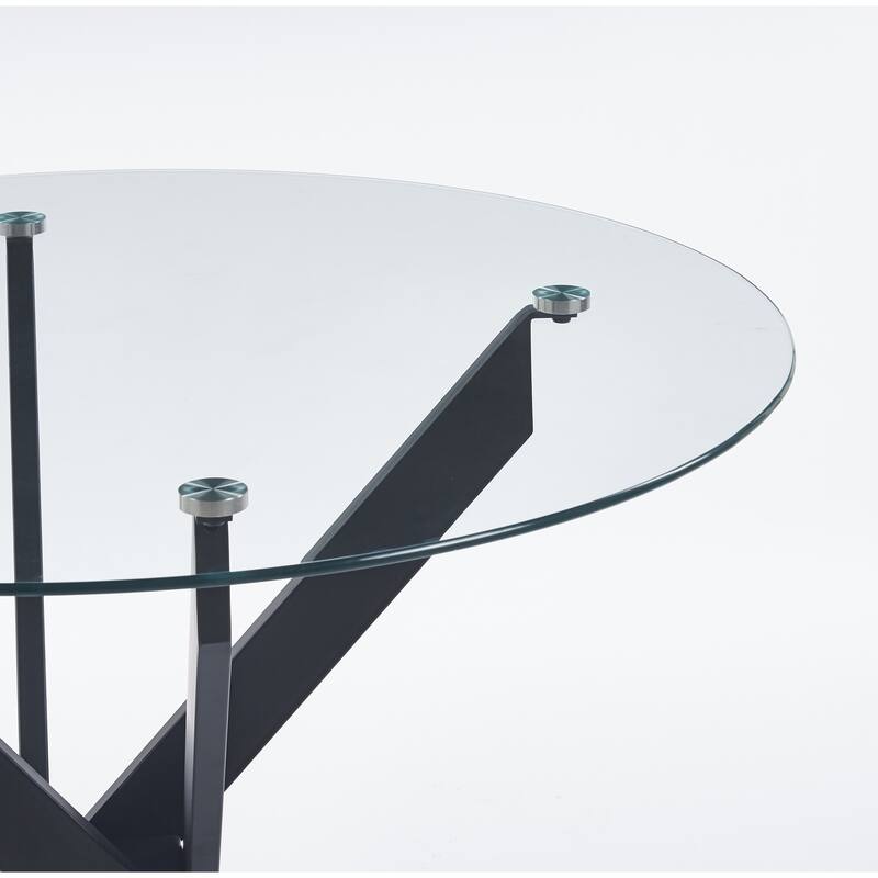 Modern Round Glass Dining Table for 2 to 4 Person, Circle Kitchen Table with Tempered Glass Top and Cross Metal Legs
