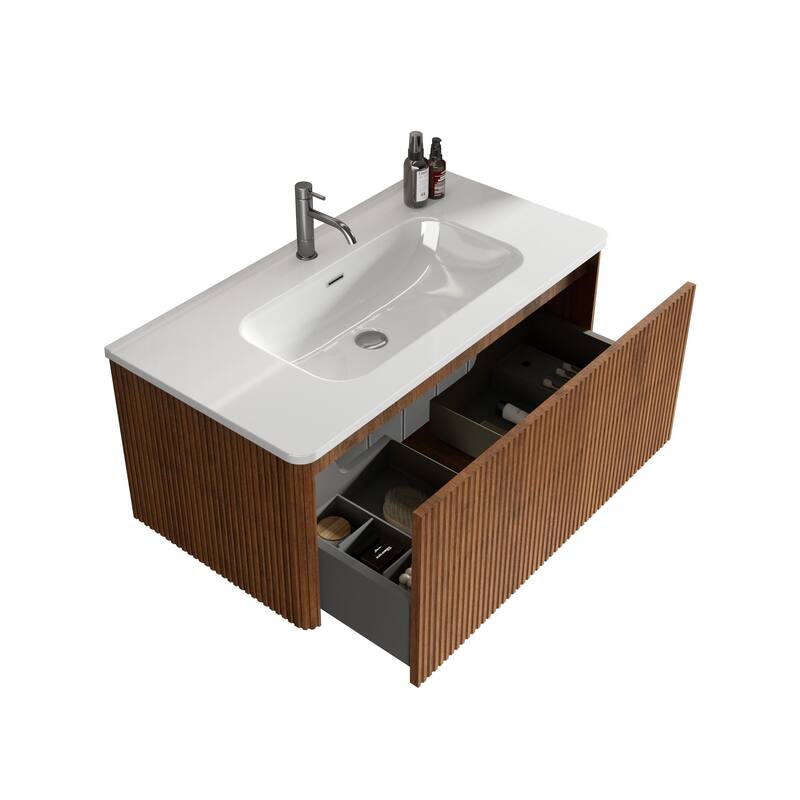 36" Striped Wall-Mounted Bathroom Vanity with Ceramic Sink, Modern Floating Vanity for Bathroom