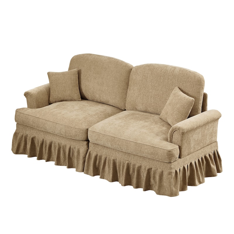 Mid-Century 2-Seat Sofa Couch with Flared Arms & Removable Ruffled Skirts, Retro Chenille Upholstered Loveseat for Living Room
