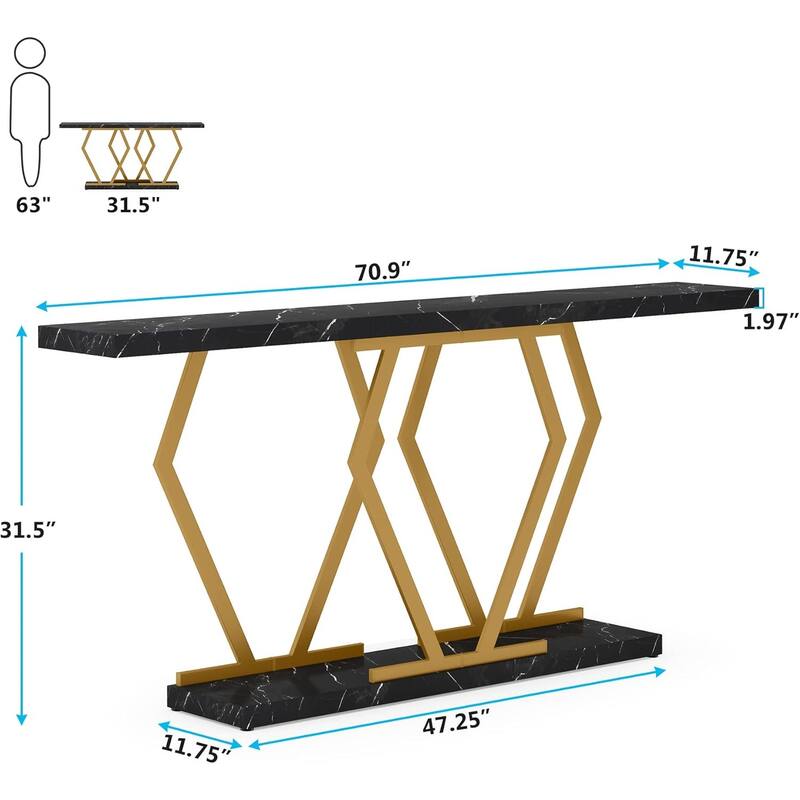 70.9 Inch Extra Long Sofa Console Table Faux Marble Tabletop Metal Frame Modern Style for Living Room/Entryway/Hallway