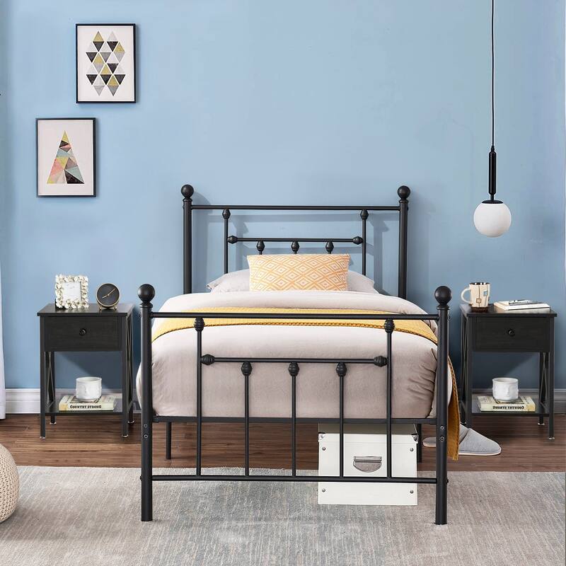 Javlergo 3-Piece Bedroom Sets with Metal Platform Bed Frame and Nightstand Set of 2 - Black Nightstand - Twin