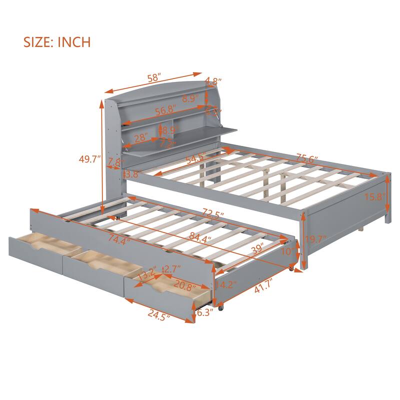 Wooden Platform Bed with Pull Out Trundle Bed and Drawers, All-in-One LED Headboard with Charging Station and Flip Up Storage