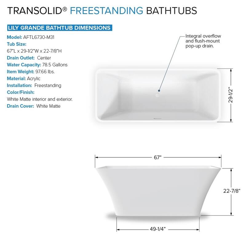 Transolid K-AFTL6730-M31 Lily Grande 67" Free Standing Acrylic Soaking