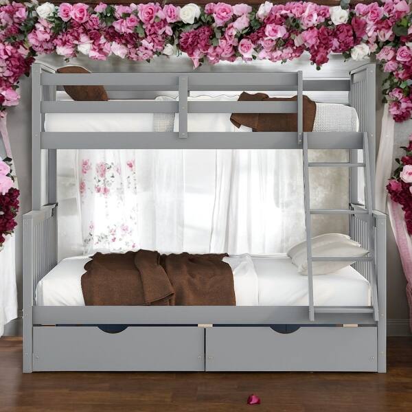 slide 2 of 19, Twin Over Full Bunk Bed With Ladders and Two Storage Drawers for Bedroom Grey