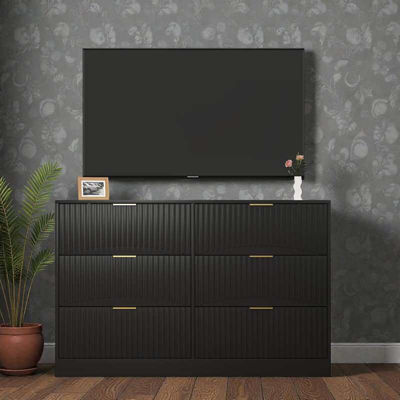 Modern 6 Drawer Dresser with Wavy Drawer Fronts, Large Chest of Drawers Storage Cabinet for Bedroom Living Room