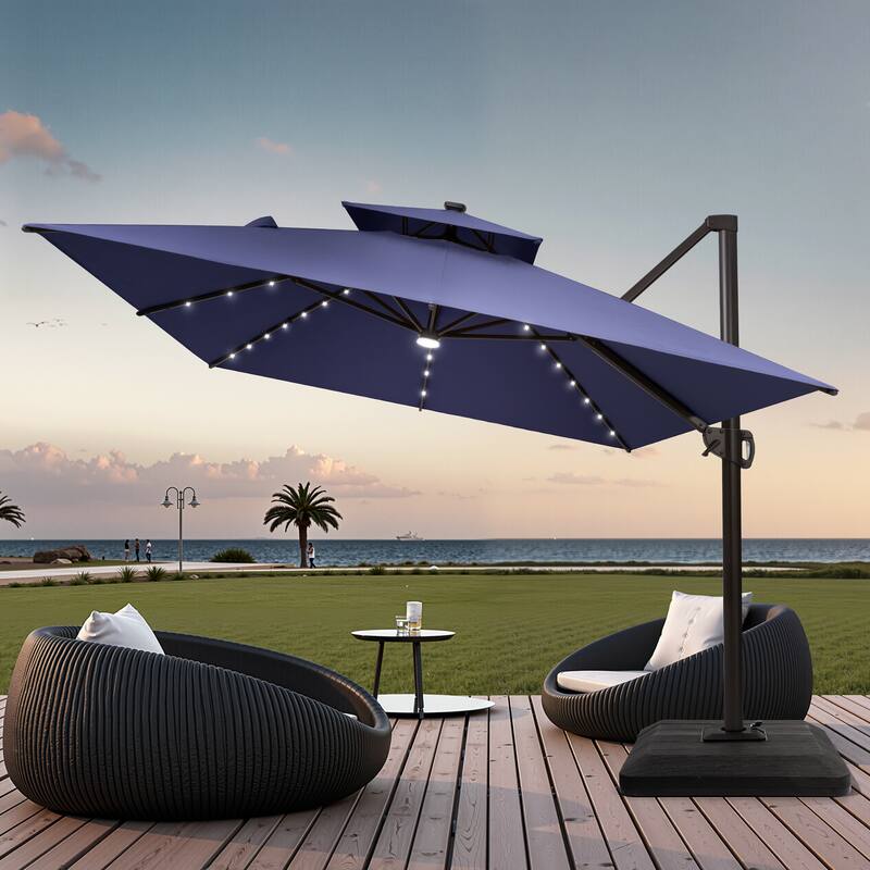 9x11 FT Rectangular Outdoor Patio Cantilever Umbrella Solar LED Lighted with Weight Base