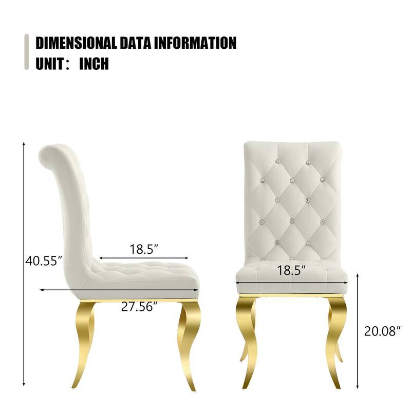 Luxury White Velvet Dining Chairs with Crystal Decor Button Tufted Back and Gold Metal Legs