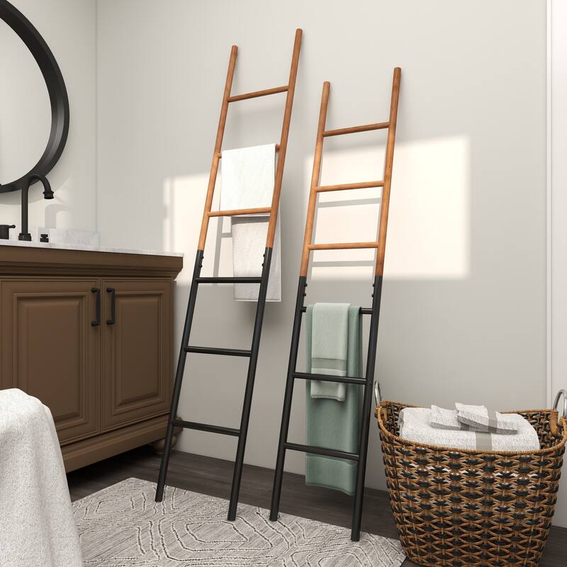 Brown Wood Slim Two-Toned 12 Rug Ladder with Black Metal Bases (Set of 2)