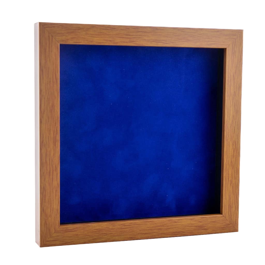 4x4 Shadow Box Frame Light Brown Wood | With a 3/4" Usable Display Depth | Includes a Royal Blue Real Suede Texture Acid-Free