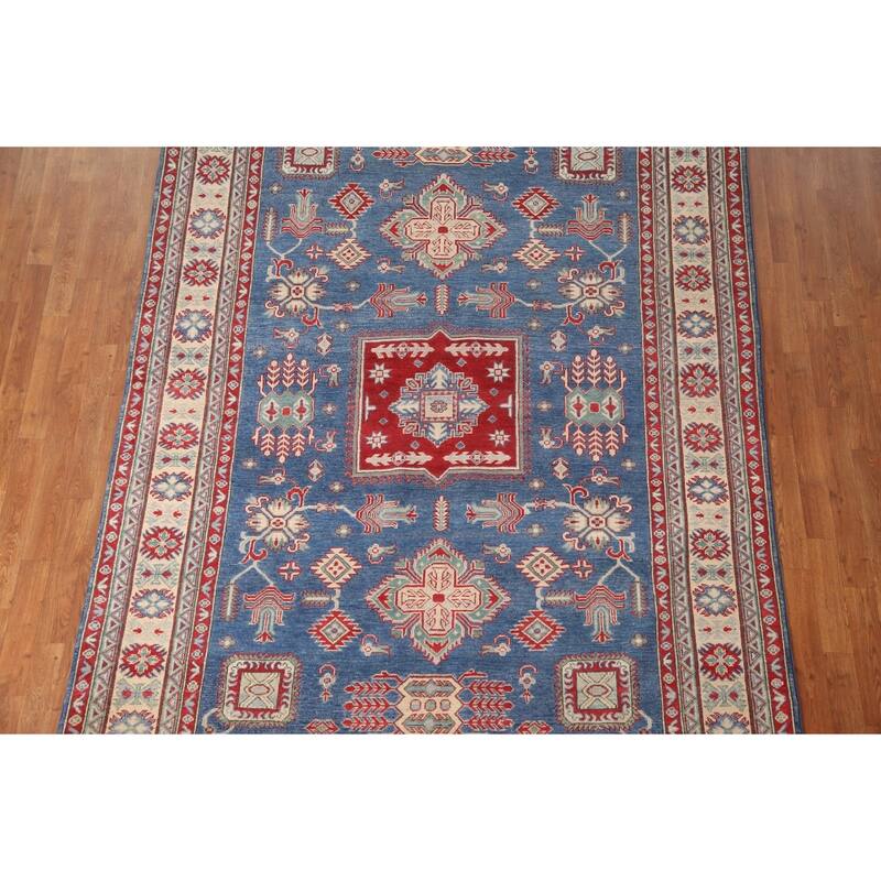 Geometric Kazak Area Rug Hand-Knotted Blue Wool Carpet - 6'7" x 9'8"