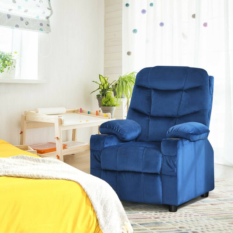 Gymax Kids Youth Recliner Chair Velvet Fabric w/Cup Holder & Side