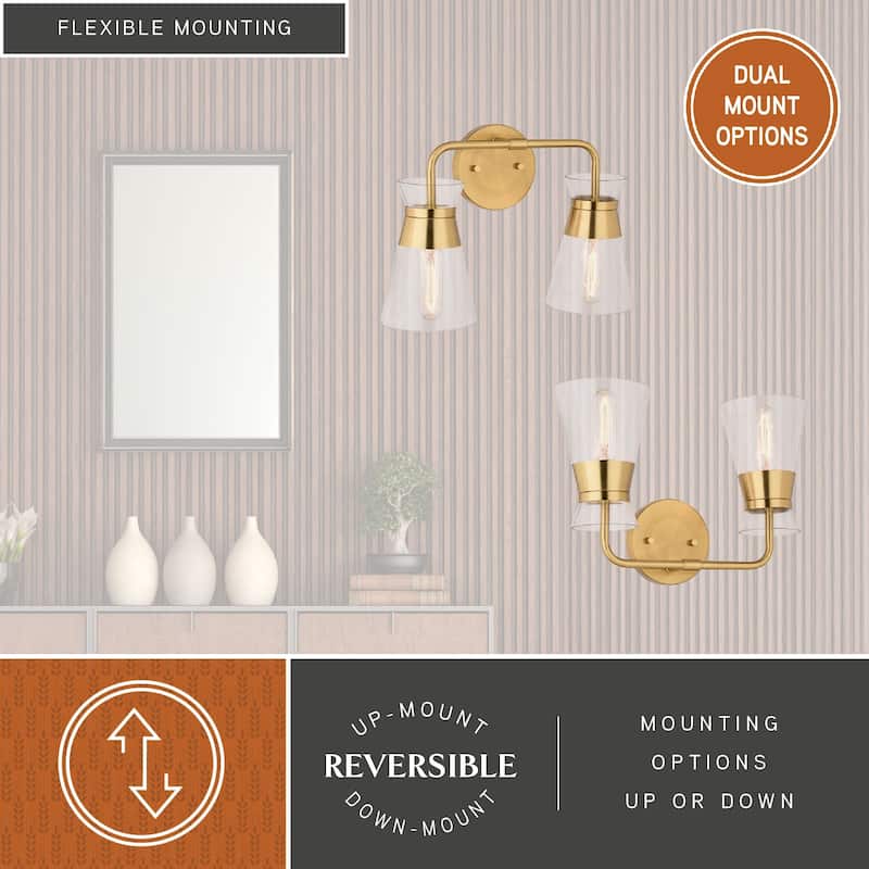 Harper Gold Brass Mid-Century Modern Bathroom Vanity Light Fixture Clear Glass