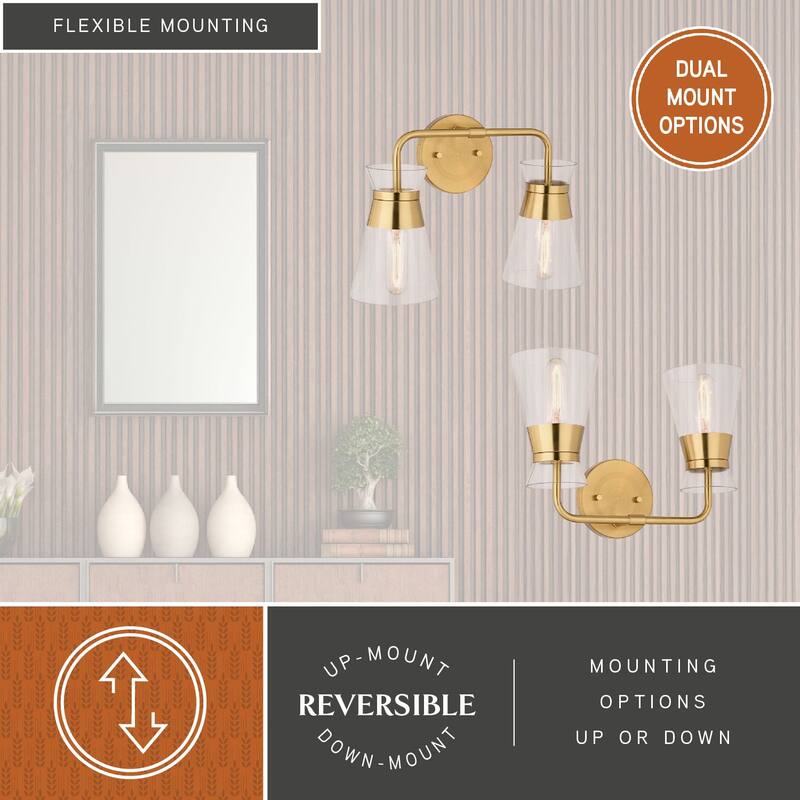 VAXCEL Harper Natural Brass Gold Mid-Century Modern Bathroom Vanity Lighting Fixture, Clear Glass Shade, Wall Sconce