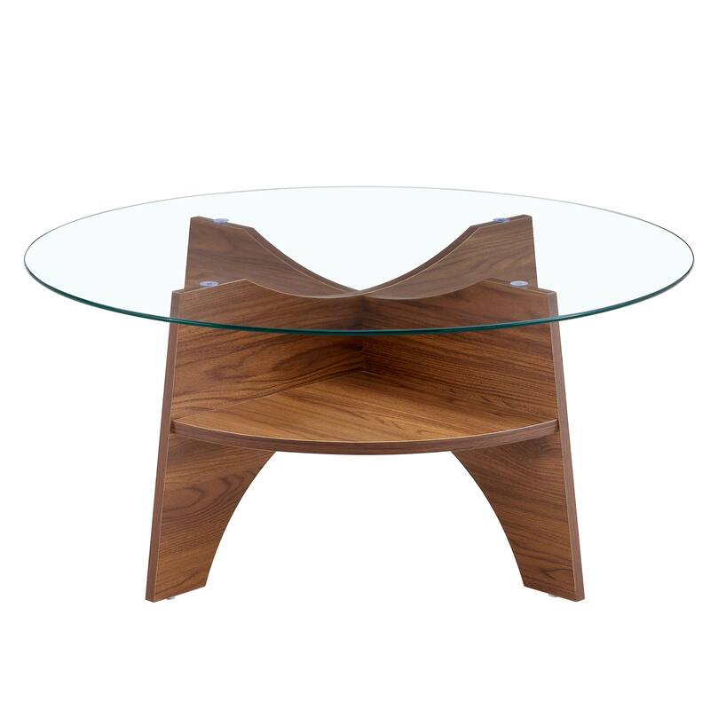 GDFStudio Marcellus Tempered Glass Coffee Table with Wood Legs and Fan-Shaped Pedestal Design