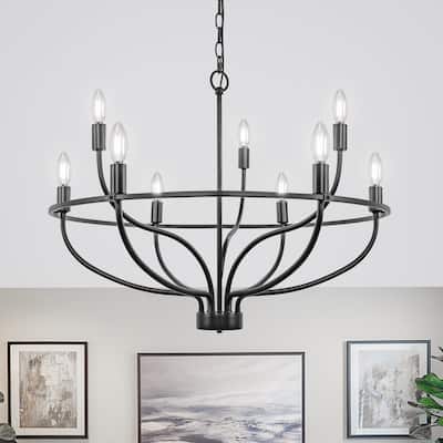 YANSUN 9-Light Ring Chandelier with E12 Base, Large Circular Design in Matte Black Finish for Modern and Industrial Décor