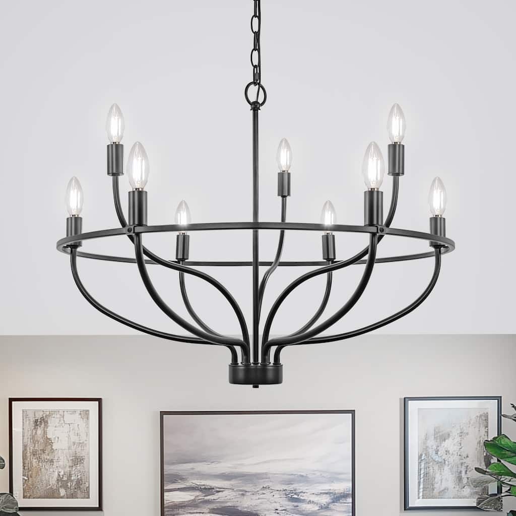 YANSUN 9-Light Ring Chandelier with E12 Base, Large Circular Design in Matte Black Finish for Modern and Industrial Décor