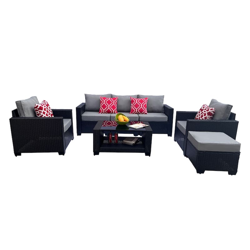 Outdoor Garden Patio Furniture 7-Piece PE Rattan Wicker Cushioned Sofa Sets with 2 Pillows and Coffee Table - N/A