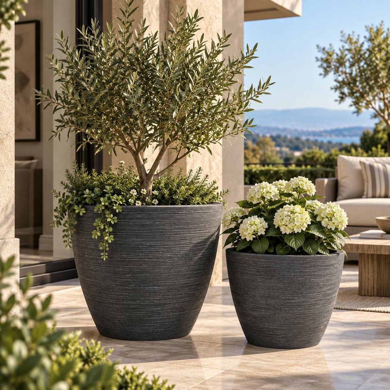 Cement Patio Rounded Round Concrete Planter Set of 2, Large Outdoor Indoor Handmade Rustic ...