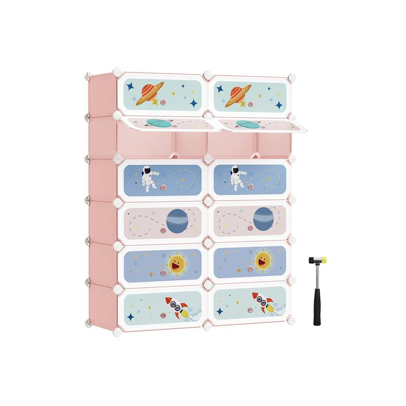 Kids Shoe Storage Solutions with Convenient Doors and Metal Wire Frame Perfect for Playrooms or Entryways - 12 Slot - Jelly Pink