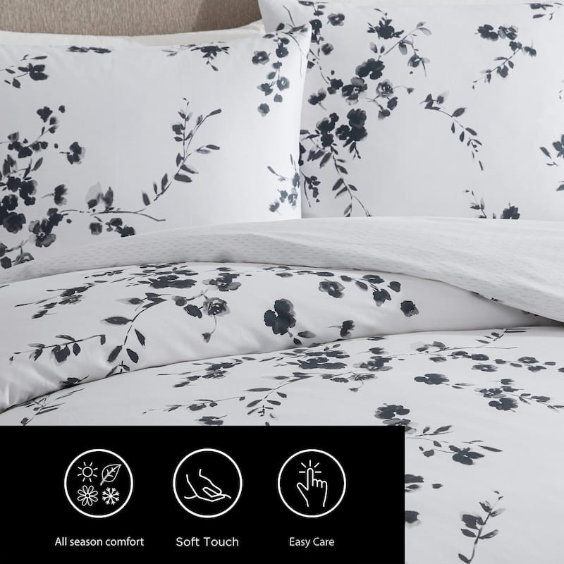 Vera Wang Noir Bouquet Botanical Print Cotton Sateen Duvet Cover Set (Grey, 3 Piece)