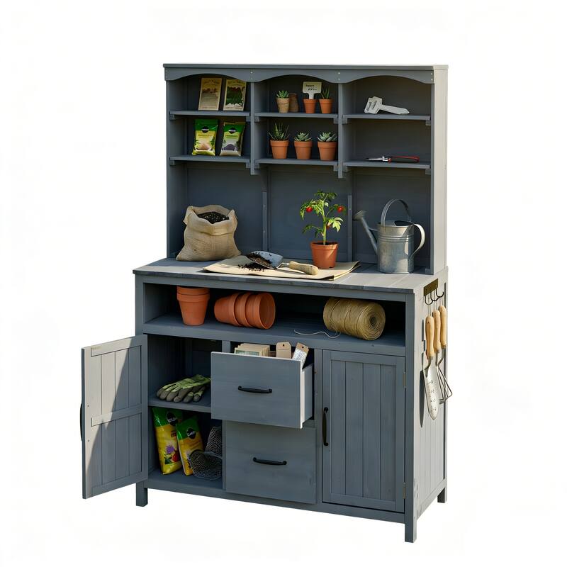 Roomfitters Outdoor Garden Potting Bench with Storage Hutch, Potting Table with Drawers and Cabinets, Shelves