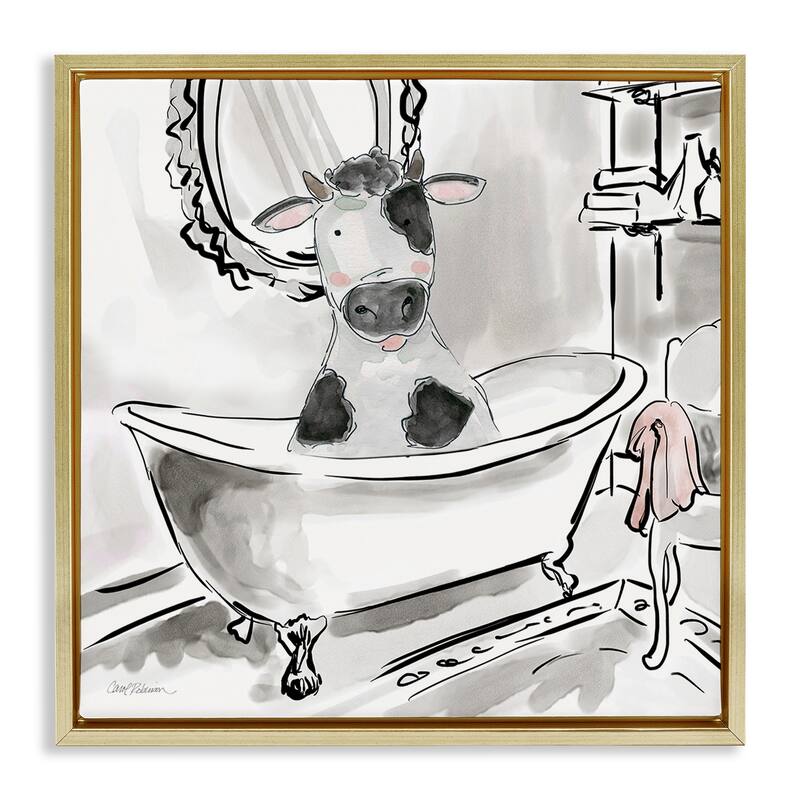 Stupell Minimal Bathtub Cow Framed Floater Canvas Wall Art Design By Carol Robinson - 18 x 18 - Gold