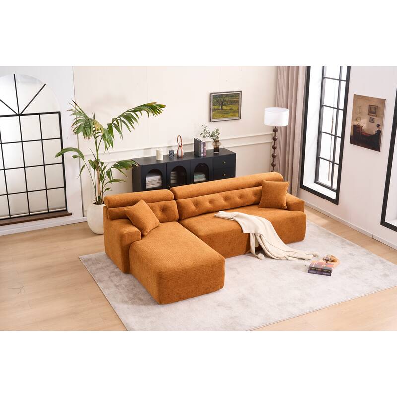 Full Compression Chenille Convertible L-Shape Chesterfield-Inspired Design Sofa Chaise - Orange